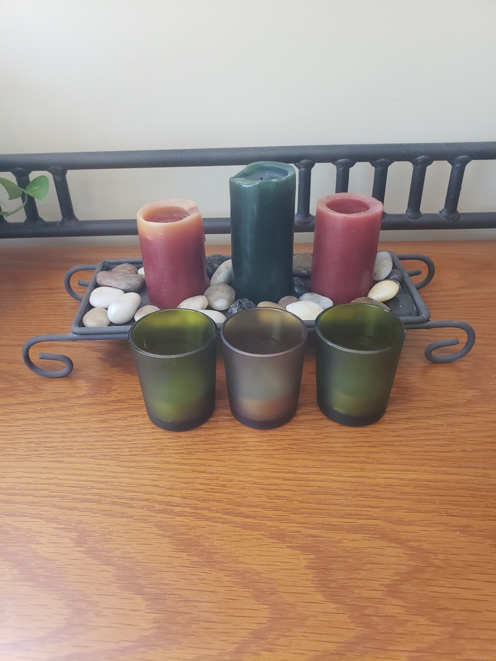 Rustic Candle Set On Metal Stand And Rock Accents With Votive Holders & Candles